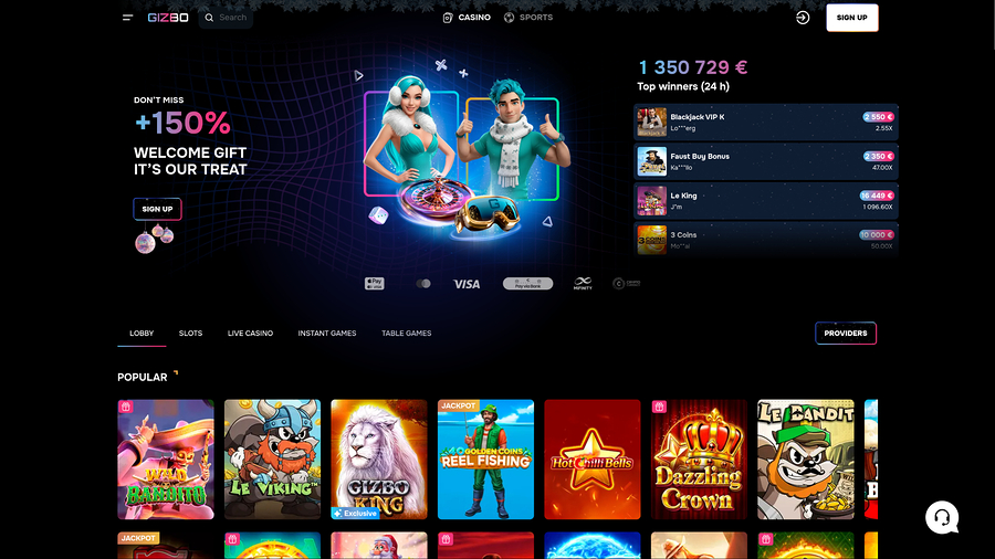 Página de inicio de escritorio de Gizbo Casino