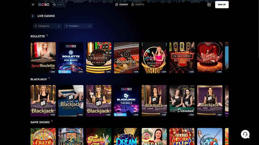 Casino Gizbo con crupier en vivo de escritorio
