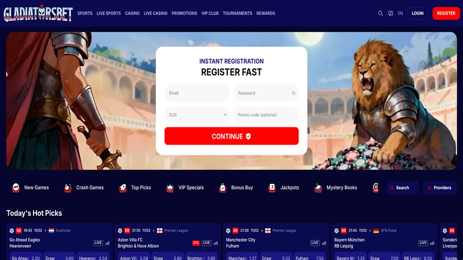 Homepage screenshot of GladiatorsBet Casino for Desktop