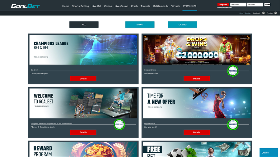 Goalbet Casino Desktop Promotions