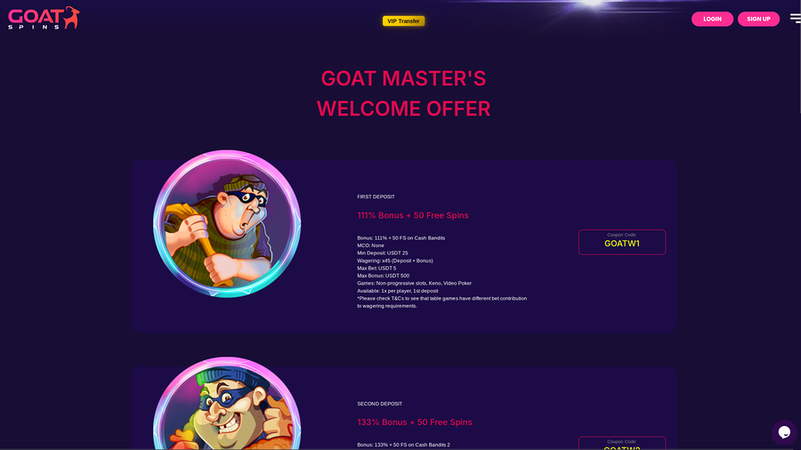Goat Spins Casino Desktop Promotions