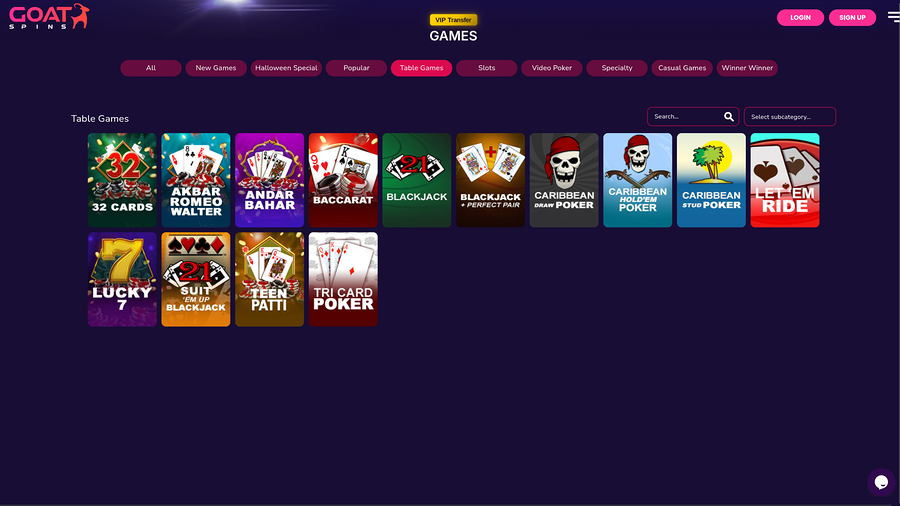 Goat Spins Casino Desktop Table Games