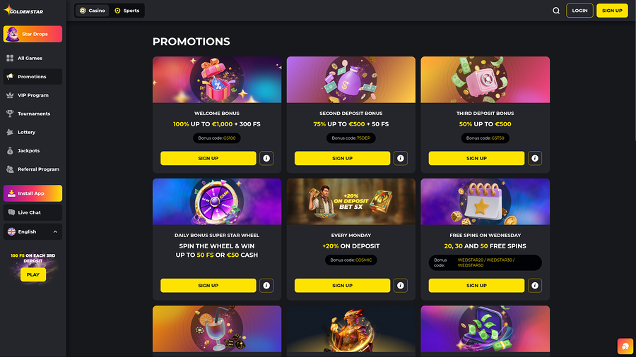 Golden Star Casino Desktop Promotions