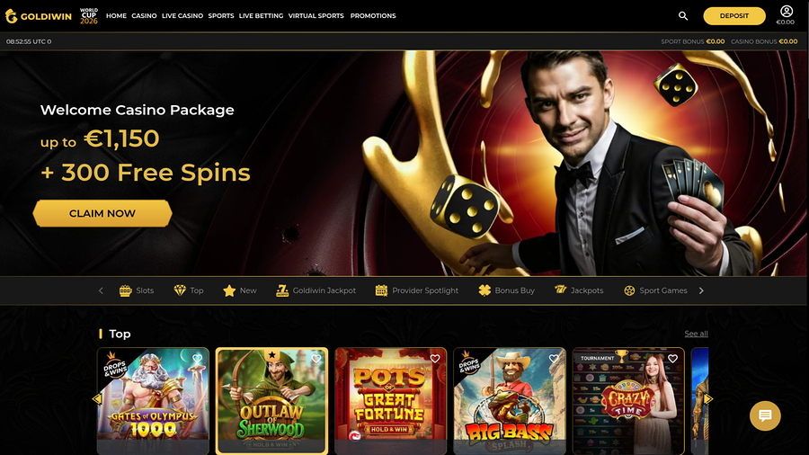 Página de inicio de escritorio del casino GoldiWin