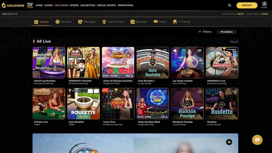 Casino GoldiWin para escritorio con crupier en vivo