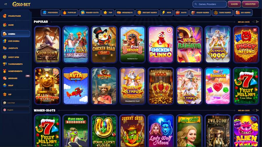 Games page screenshot of Golobet Casino