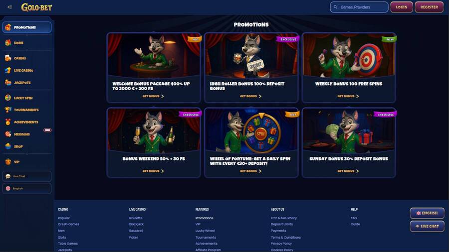 Promotions page screenshot of Golobet Casino