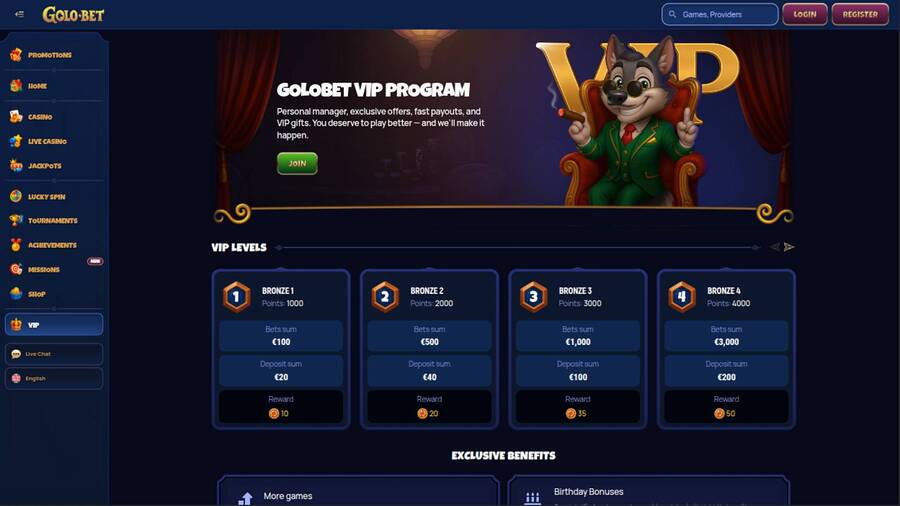 VIP page screenshot of Golobet Casino