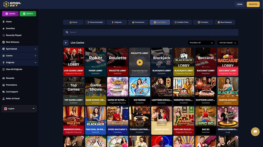 Página de crupier en vivo del casino Grailbet