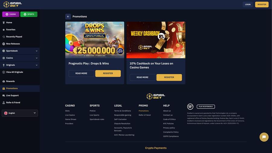 Página de promociones de Grailbet Casino