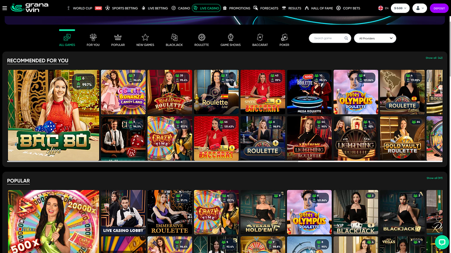 GranaWin Casino con crupier en vivo versión de escritorio
