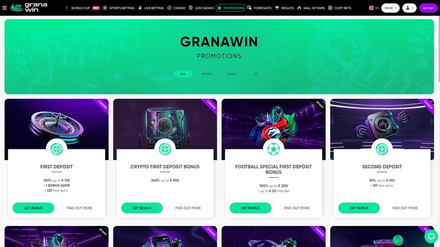 Promociones de GranaWin Casino versión de escritorio