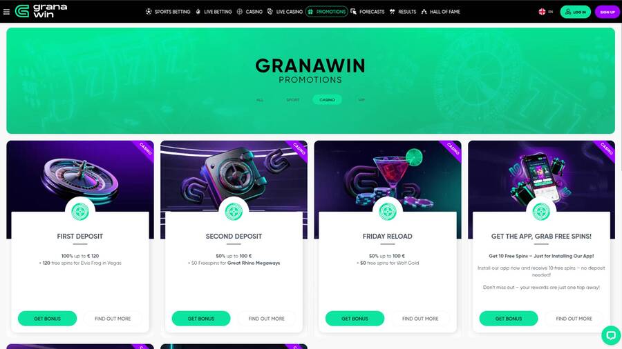 Promotions page screenshot of GranaWin Casino