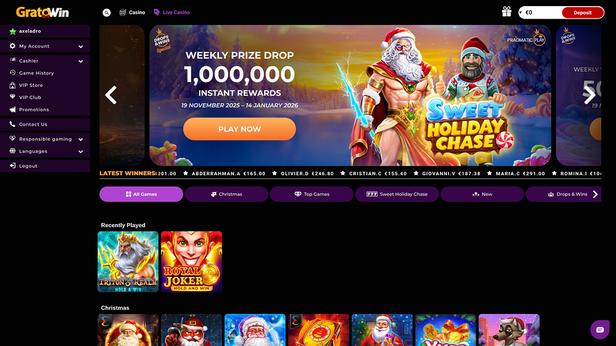 Grato Win Casino Desktop Homepage