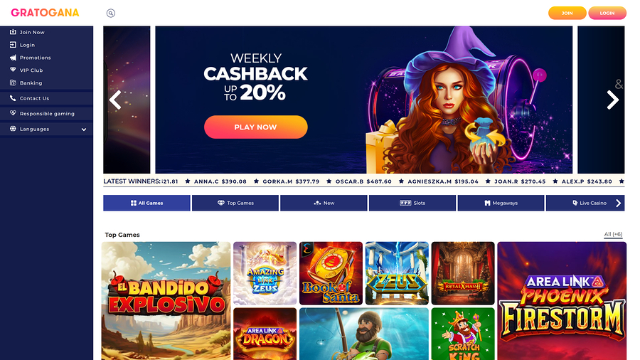 Gratogana Casino Desktop Homepage