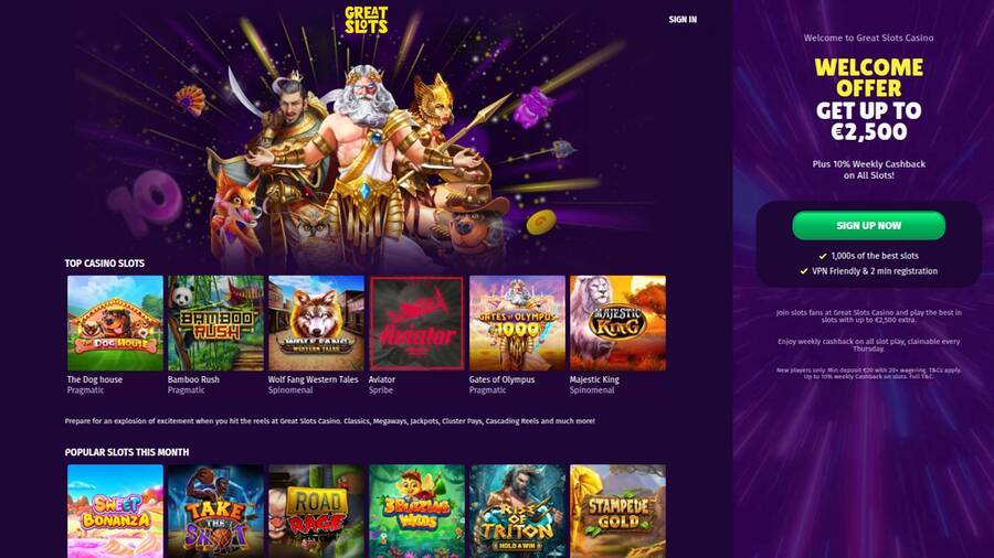 Homepage screenshot of Greatslots Casino