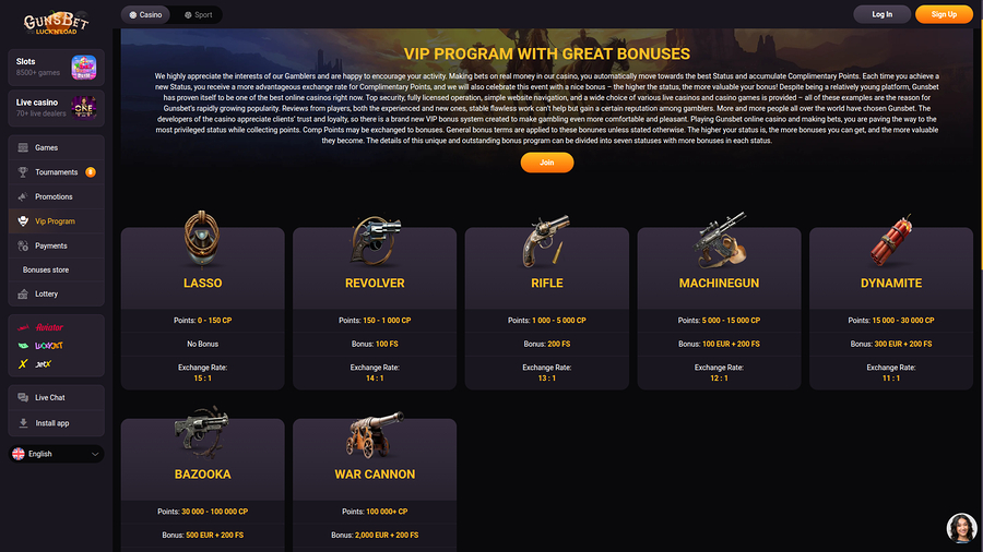 Gunsbet Casino Desktop VIP Program