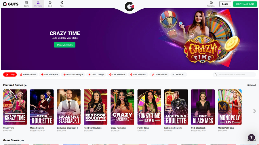 Guts Casino Desktop Live dealer