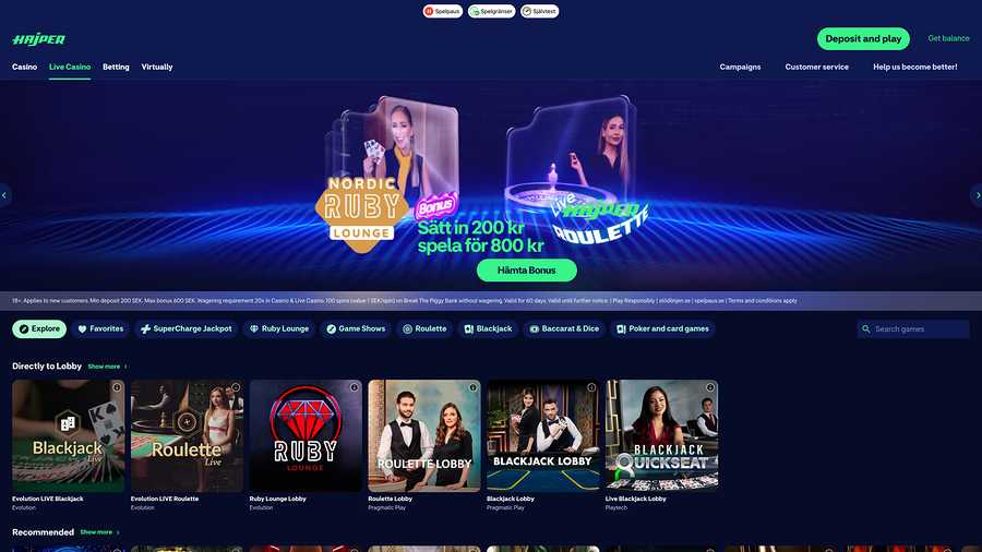 Hajper Casino Desktop live dealer