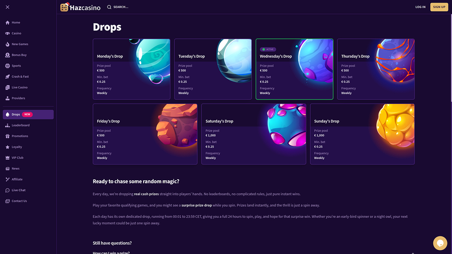 Haz Casino desktop drops