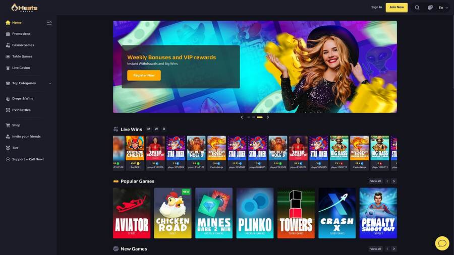 Página de inicio de escritorio del casino Heats