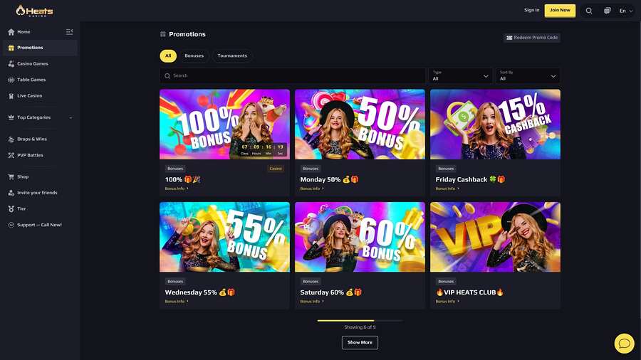 Promociones de escritorio de Heats Casino