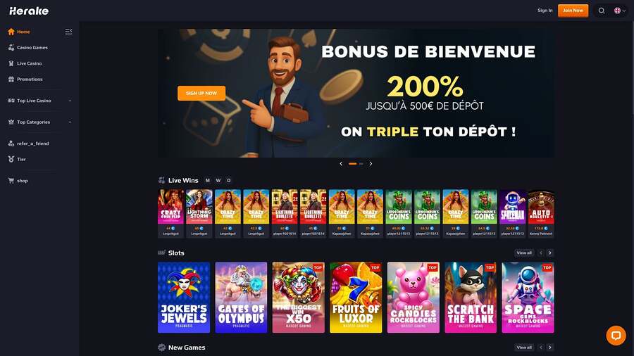 Herake Casino Homepage Desktop