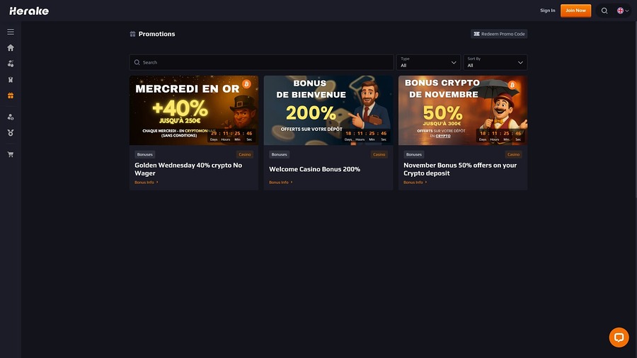 Herake Casino Promotions Desktop