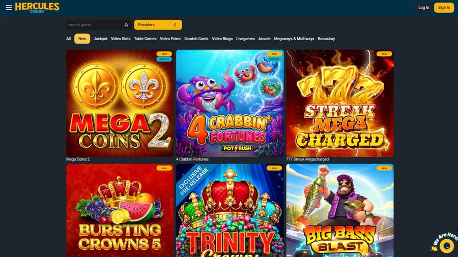 Captura de pantalla de la página de juegos del casino Hércules