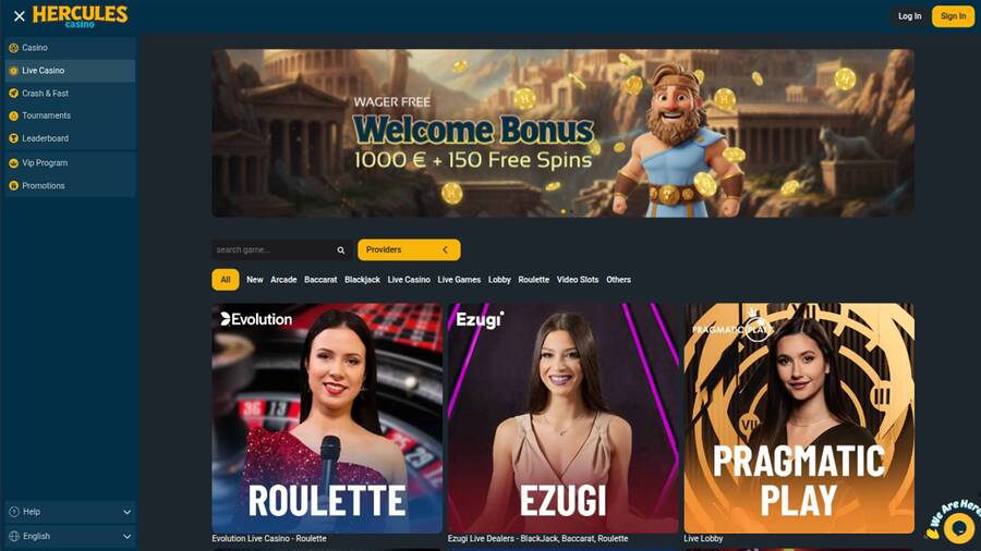 Captura de pantalla de la página en vivo del Casino Hércules