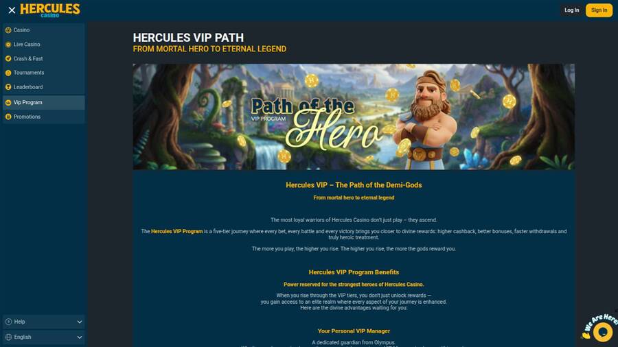 Captura de pantalla de la página VIP del casino Hércules