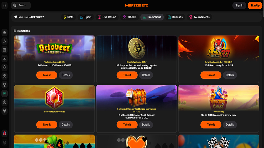 Promotions screenshot of Hertzbetz Casino for Desktop