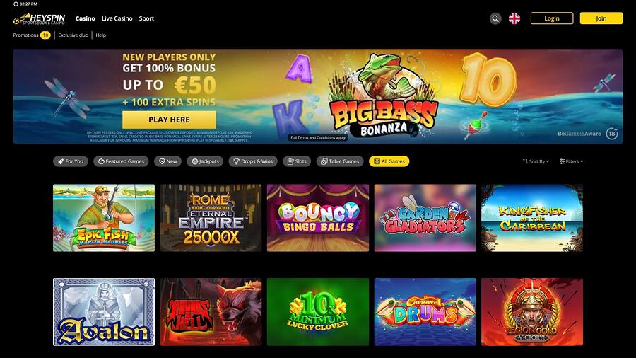 HeySpin Casino Homepage Desktop