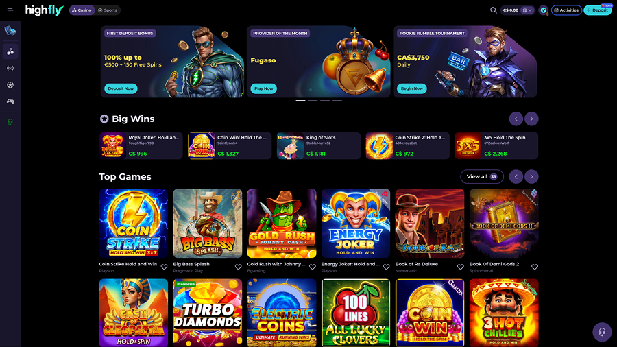 High Fly Bet Casino Desktop Homepage
