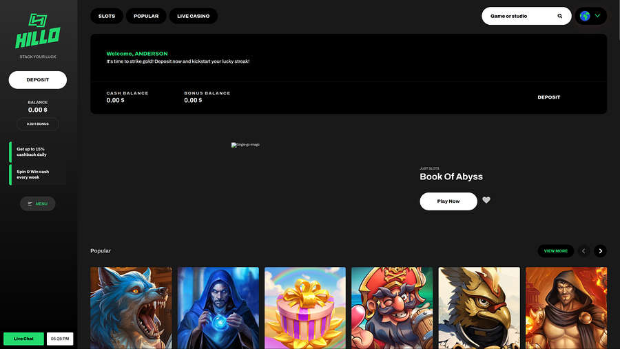 Hillo Casino Desktop Homepage