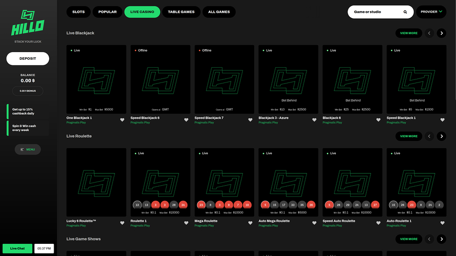 Hillo Casino Desktop Live Dealers