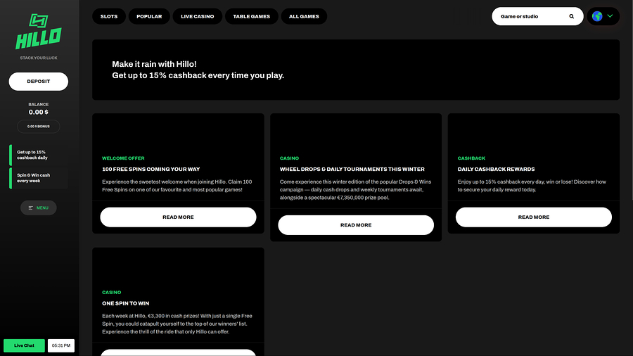 Hillo Casino Desktop Promotions