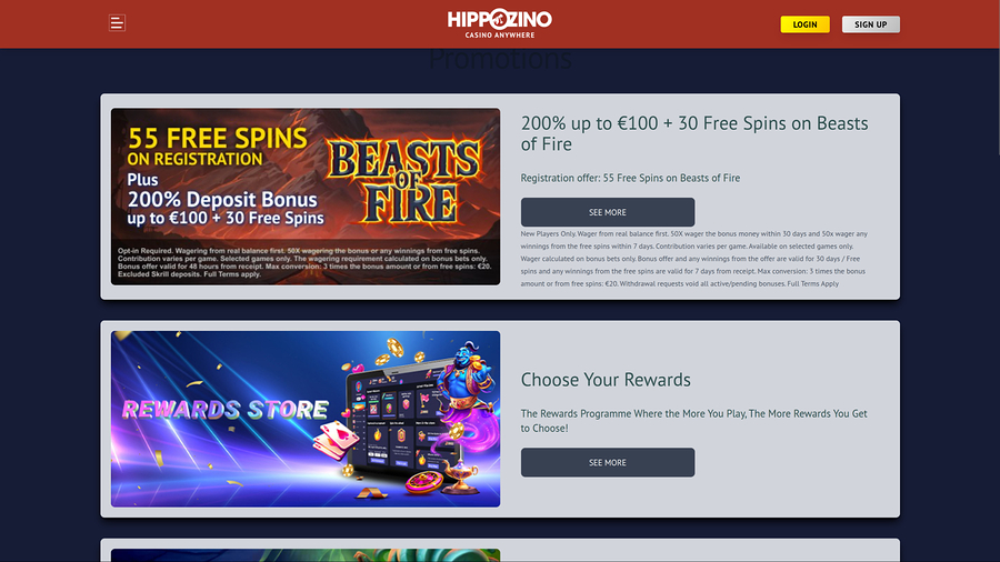 Hippozino Casino Desktop Promotions