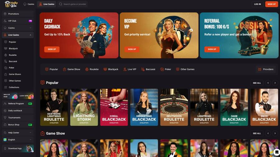 Homepage screenshot of Hollywin Casino