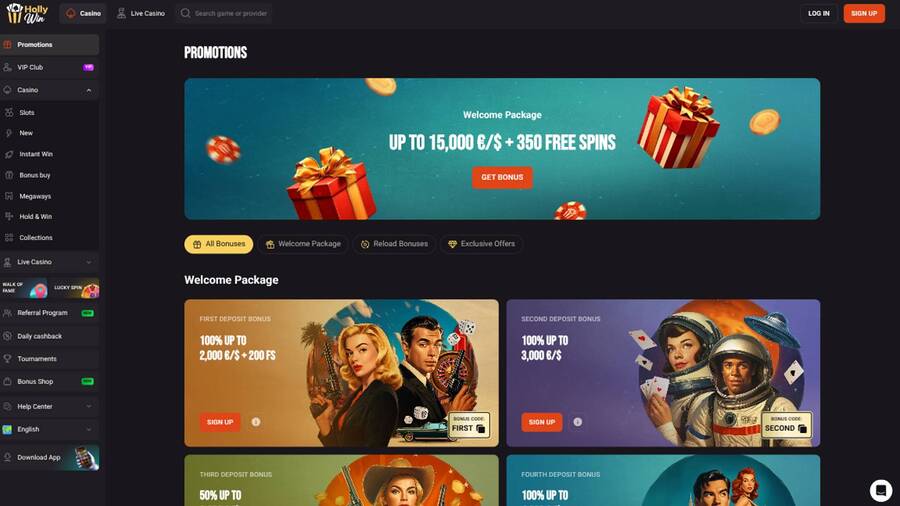 Promotions page screenshot of Hollywin Casino