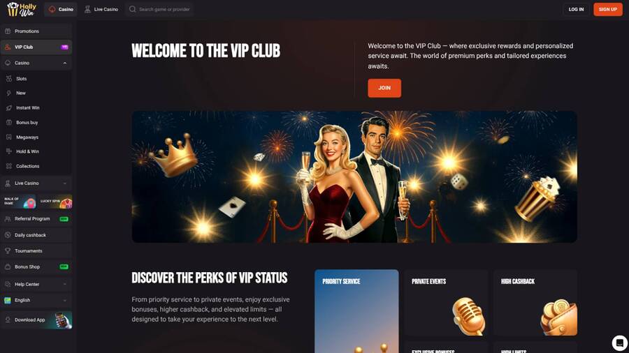 VIP page screenshot of Hollywin Casino