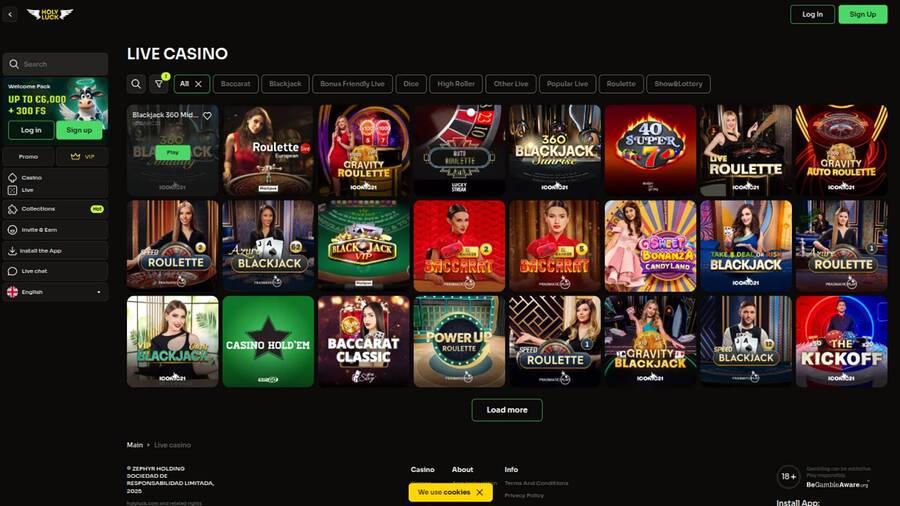 Live page screenshot of HolyLuck Casino