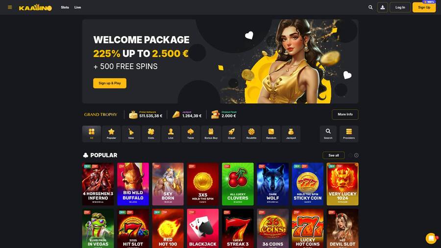 Homepage screenshot of Kaasino Casino