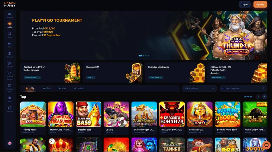 Homepage screenshot of HoneyMoney Casino