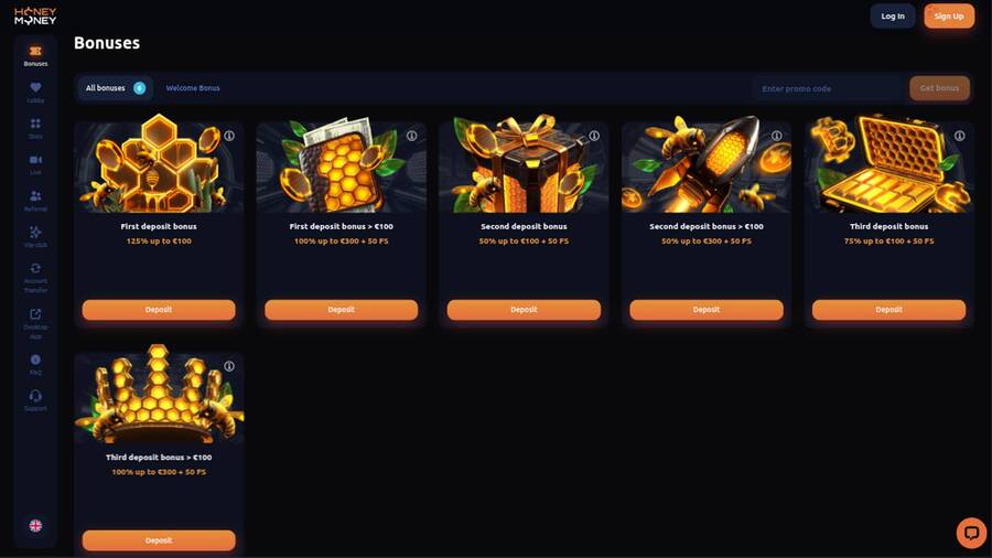 Promotions page screenshot of HoneyMoney Casino