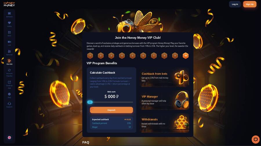 VIP page screenshot of HoneyMoney Casino