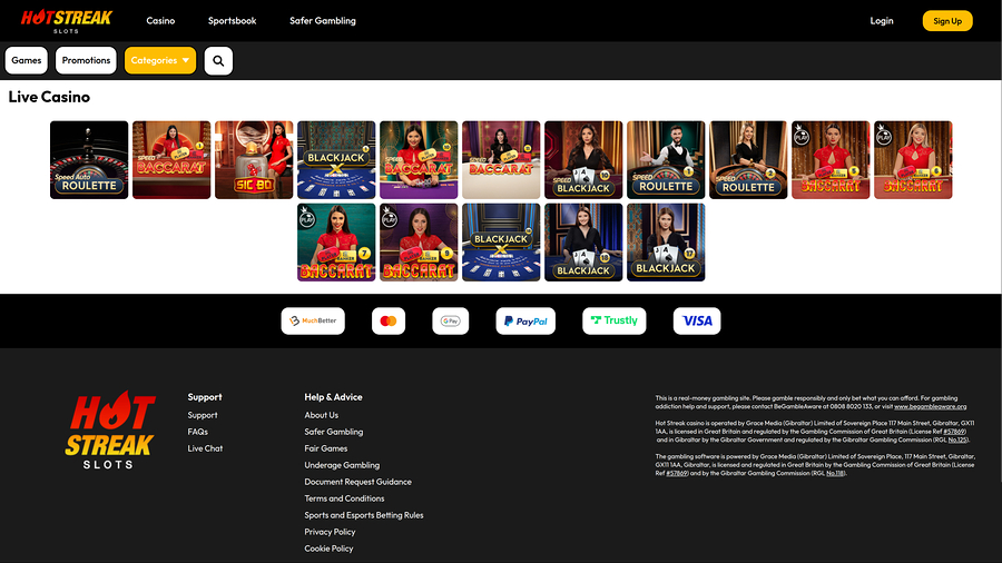 Hot Streak Casino Desktop Live Dealer