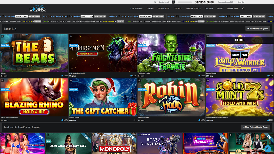 Hustles Casino Desktop Homepage