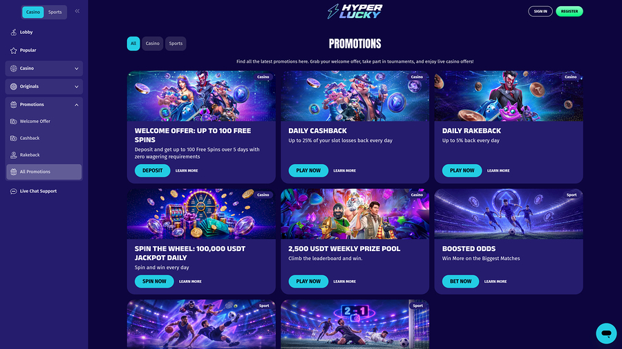 Hyper Lucky Casino Desktop Promotions