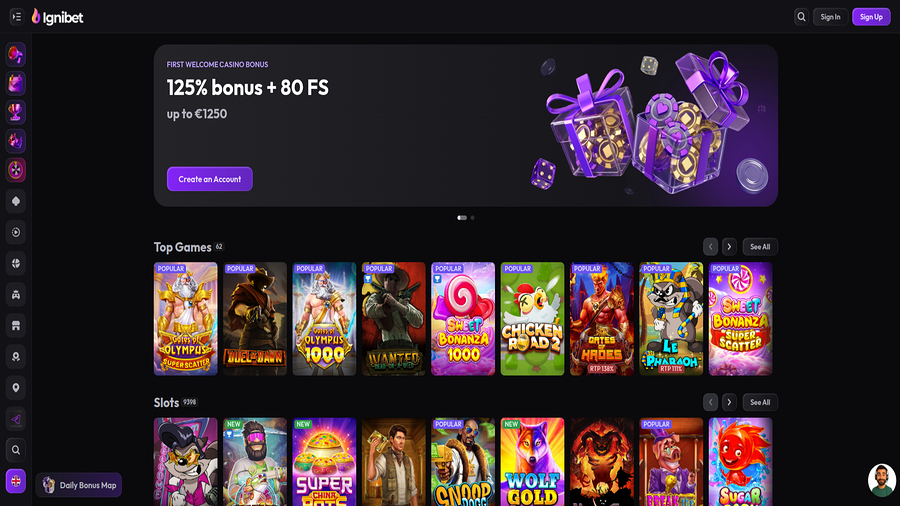 Homepage screenshot of Ignibet Casino for Desktop